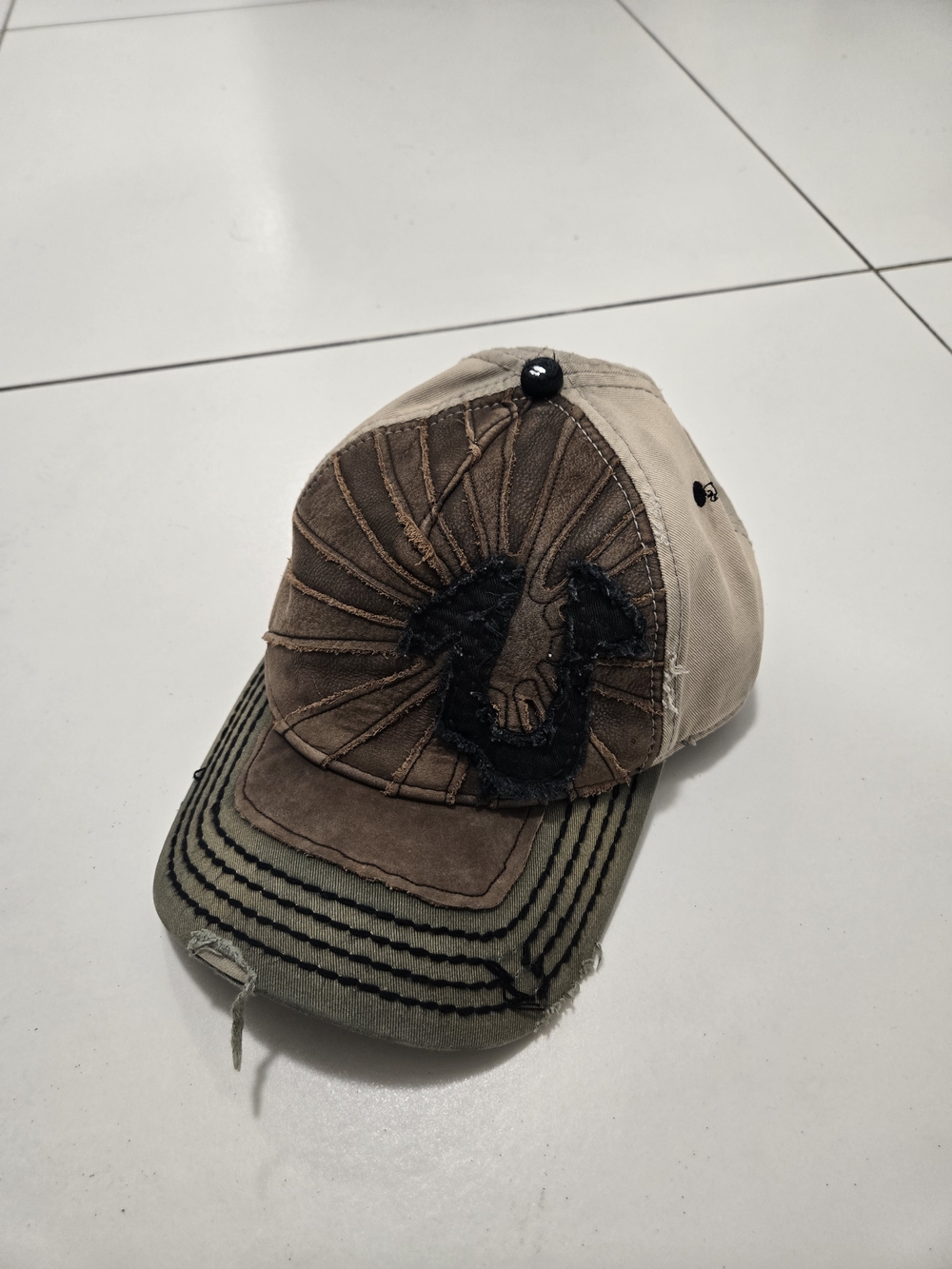 True Religion Two-Tone Brown & Khaki Distressed Logo Baseball Cap